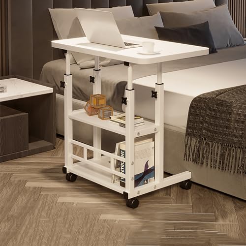 収納棚付きキャスター付き調節可能なスタンディングデスク、C字型テレビトレイ付きモバイルノートパソコンカート、ソファーエンドテーブル(ホワイト - 60×40cm/24×16インチ