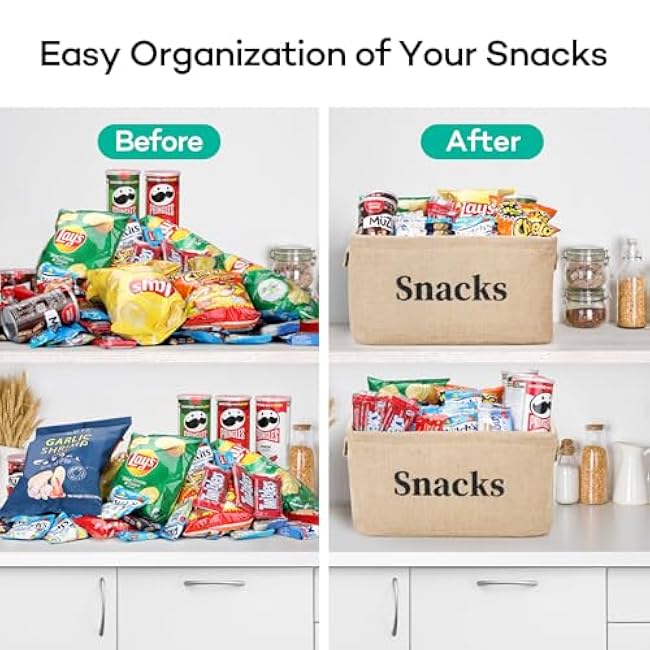 2 Pack Snack Storage Organizer Basket Bins for Pantry Shelf and Countertop, Large Burlap Snacks Basket Container for Kitchen Office Popcorn Candy Pretzels and more