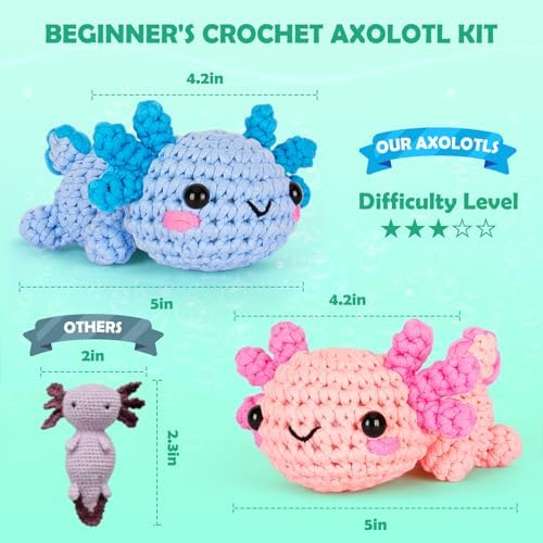 Crochetta Crochet Kit for Beginners, Beginner Crochet Starter Kit w Step-by-Step Video Tutorials, Learn to Crochet Kits for Adults Women Men, DIY Knitting Supplies, Axolotls (Blue and Pink) - 1