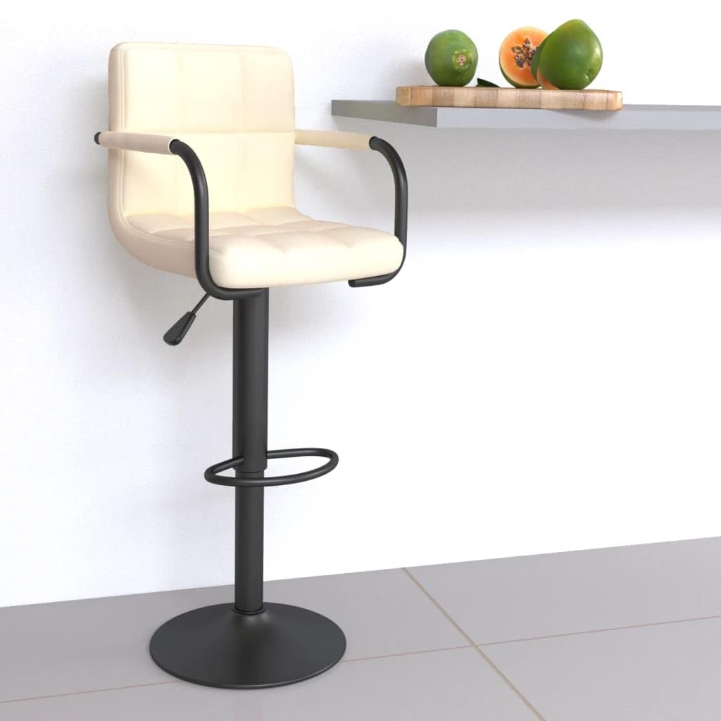 Taboret barowy kremowy materiał z podnóżkiem i oparciem, regulacja wysokości i obracany o 360 stopni, stal malowana proszkowo, 48 x 47 x 90-111 cm, idealny do ladu, kuchni, jadalni, salonu