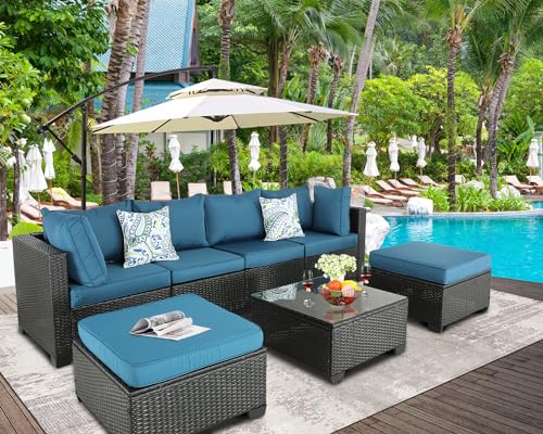 Furnimy Patio Furniture Set Outdoor Sectional Outdoor PE Wicker Furniture Set Patio Rattan Sectional Conversation Sofa Set(Peacock Blue, with Table and Ottoman)