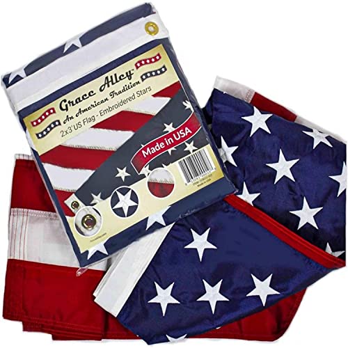 Grace Alley American Flag, Made in USA, Embroidered Stars, Sewn Stripes and Brass Grommets. Fade Resistant, Heavy Duty, Long Lasting Nylon for Outdoor Durability (Two by Three ft)