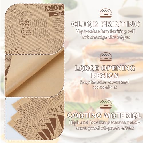 Dokeno 100 Stück Snacktaschen, 18×18cm Burger Papier Fettdicht Sandwich Wrap Papier Lebensmitteltüten, Alter Zeitungsdruckstil Deli Papierblätter Taschen Öffnen Sich auf Zwei Seiten für Käse Pommes
