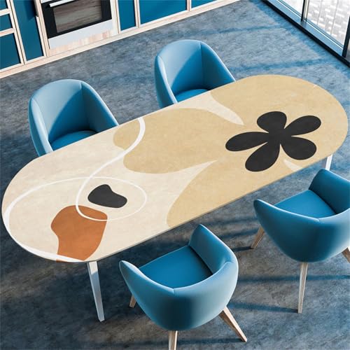 Treer Mantel Oval con Bordes Elástica,Estilo Abstracto Diario Mantel Libre de Arrugas,Mantel Mesa Oval Ajustable Protector de Mesas Manteles Antimanchas para Fiestas de Comedor (107x165cm,Beige)
