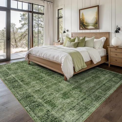 Image of 8x10 Washable Area Rug Vintage Green Rug for Living Room Bedroom Low Pile Soft Non-Slip Boho Rug for Under Table Boho Distressed Retro Carpet for Bedroom Kitchen Office Dining