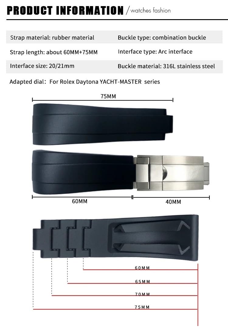 20 mm 21 mm Gummi-Armband mit kurzer Schnalle, passend für Role OYSTERFLEX Yacht Master, kleines Handgelenk, Silikonarmband