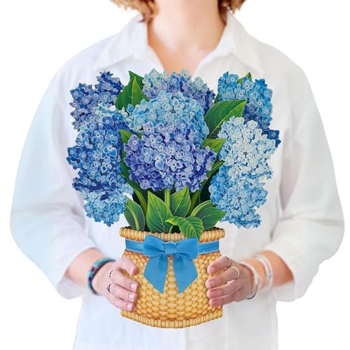 Freshcut Paper Pop Up Cards, Nantucket Hydrangeas, 12 Inch Life Sized Forever Flower Bouquet 3D Popup Greeting Card, Birthday Cards, Thank You Card, Blank Notecard & Envelope