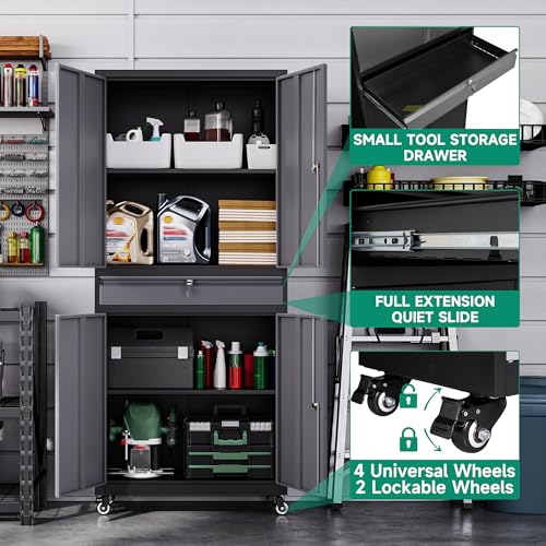 Image of Letaya Metal Garage Storage Cabinet with Wheels,72 inch Rolling Tool Cabinet with 4 Door Lock-Adjustable Shelves and Drawer for Garage Home Office Utility Room (Black&Gray with Wheels)