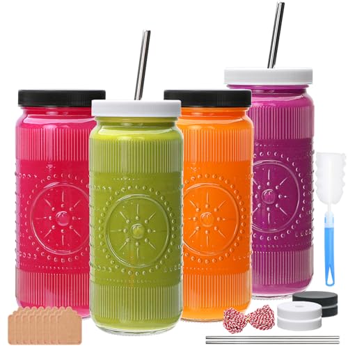 Encheng Glass Juice Bottles 16 oz,Reusable Juicing Bottles with Lids and Straws,Vintage Juice Containers for Smoothies, Juicing,Kombucha,Water,Party,Travel,4 Pack