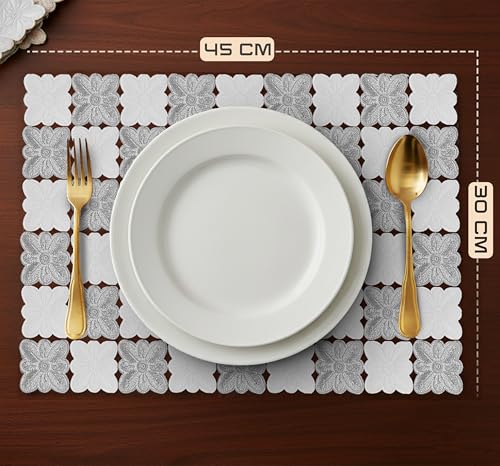 Image of Yellow Weaves 4 Pcs PVC Table Placemats, Dining Table Mat, Stain Resistant, Anti-Skid, Waterproof, Washable, Dining, Kitchen, Restaurant Table Set Easy to Clean, Durable (Floral Silver)