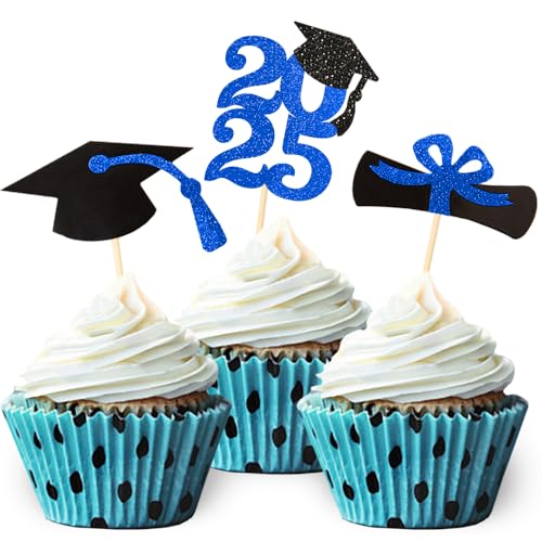 2025 Blue Glitter Graduation Cupcake Topper, Food/Appetizer Picks Class of 2025 Graduation Party Supplies(24pcs)
