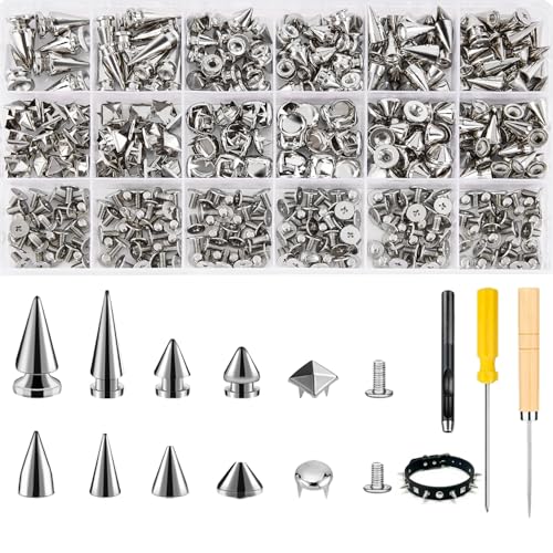Craluuur 455PCS Punk Spikes and Studs Kit for Clothing 12 Sizes Premium Metal Cone Spikes Square Pyramid Studs & Round Dome Rivets for Leathercraft and Punk Style DIY Craft Decoration