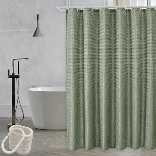 Onperpoe Waffle Shower Curtain Green Shower Curtain with 12 Hooks Weighted Waterproof Mould Resistant Bathroom Curtains 180 x 180cm Long Shower Curtains for Bathroom Bathtub