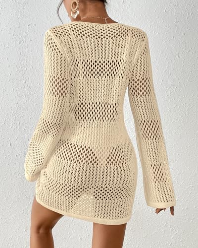 Image of Bsubseach Women Swimsuit Crochet Coverup Long Sleeve V Neck Beach Dress