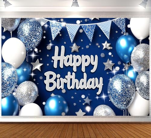 Image of Royal Navy Blue Silver Happy Birthday Banner for Men 7x5ft Happy Birthday Backdrop for Boys Royal Blue Backdrop Birthday Decorations for Men Party Banner Decoraciones De Cumpleanos