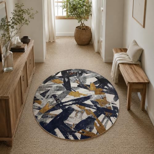 Tapis rond abstrait bleu et jaune de 90 cm lavable et antidérapant - 2