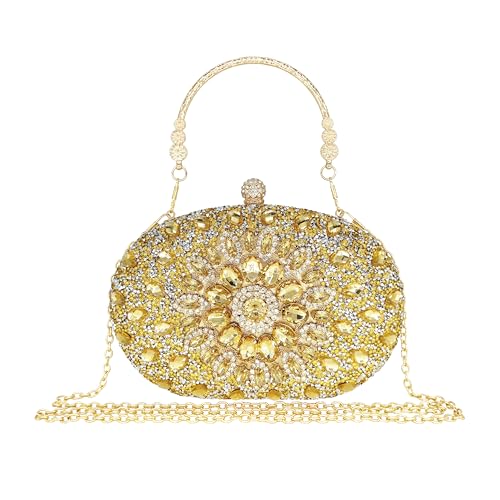 MAIRLOM Rhinestone Clutch Purses for Women Evening Wedding Formal - Round Pearl Clasp Handbag Crystal Gemstone Bag for Party Prom(Gold Clutch)