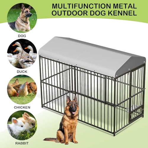 Large Outdoor Dog Kennel with Waterproof Cover, Large Dog House with Feeding Doors, Heavy Duty Dog Enclosures for Garden Backyard Courtyard（8×4×6FT）