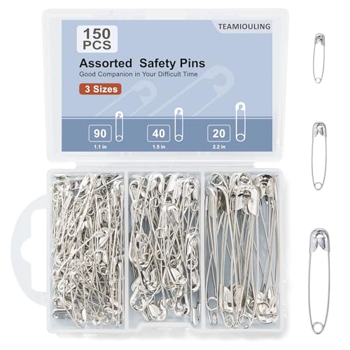 TEAMIOULING 150 PCS Safety Pins Assorted, 3 Sizes Silver Safety Pins for Clothes, Large and Small Safety Pin Bulk, Safety Pin Heavy Duty for Crafts, Pinning and Sewing