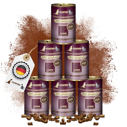 Escapure Lamm Pur Dose 6 x 400g - Nassfutter für Hunde - 100% pures Lammfleisch Nassfutter - Premium Dosenfutter Lamm ohne Zusatzstoffe - Hunde Ergänzungsfuttermittel frei von Getreide