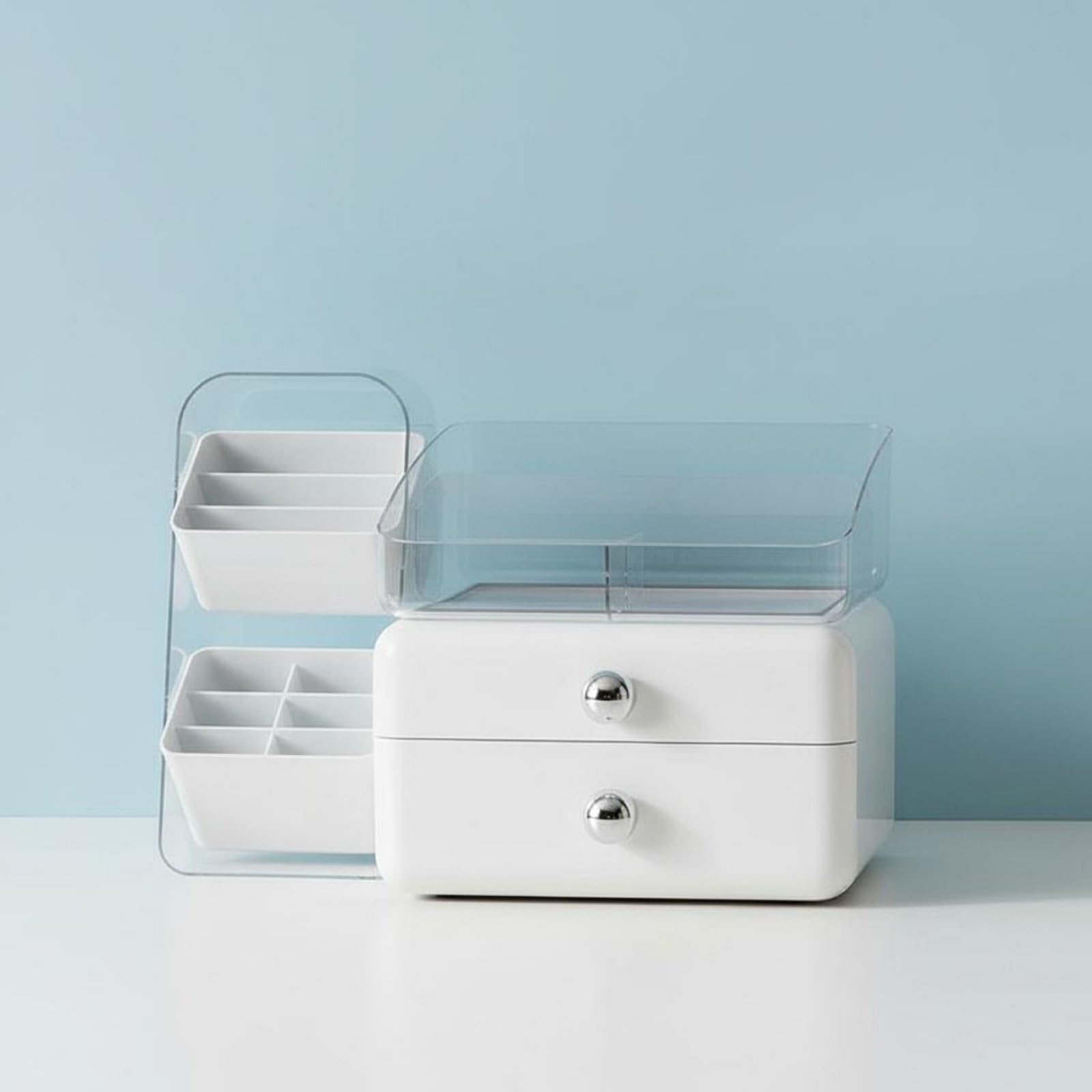 Cosmetic Organizer Organizzatore Trucco Cassettiera Porta Cosmetici Portapennelli con Cassetti E Vassoio Rimovibile in PET HIPS PP Adatto per Toeletta, Bianco