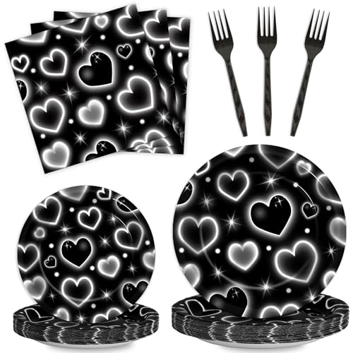Image of Qyeahkj 100 Pcs 2000s Party Plates Napkins Forks Set Black Heart Tableware Supplies Y2k Theme Birthday Party Decoration Early 2000s Dinnerware Decorations Favors for Birthday Party Serve 25