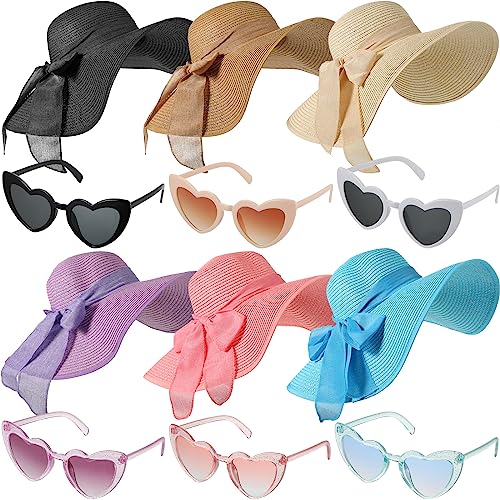 Jeyiour 12 Pcs Women Floppy Sun Hat and Heart Sunglasses Set