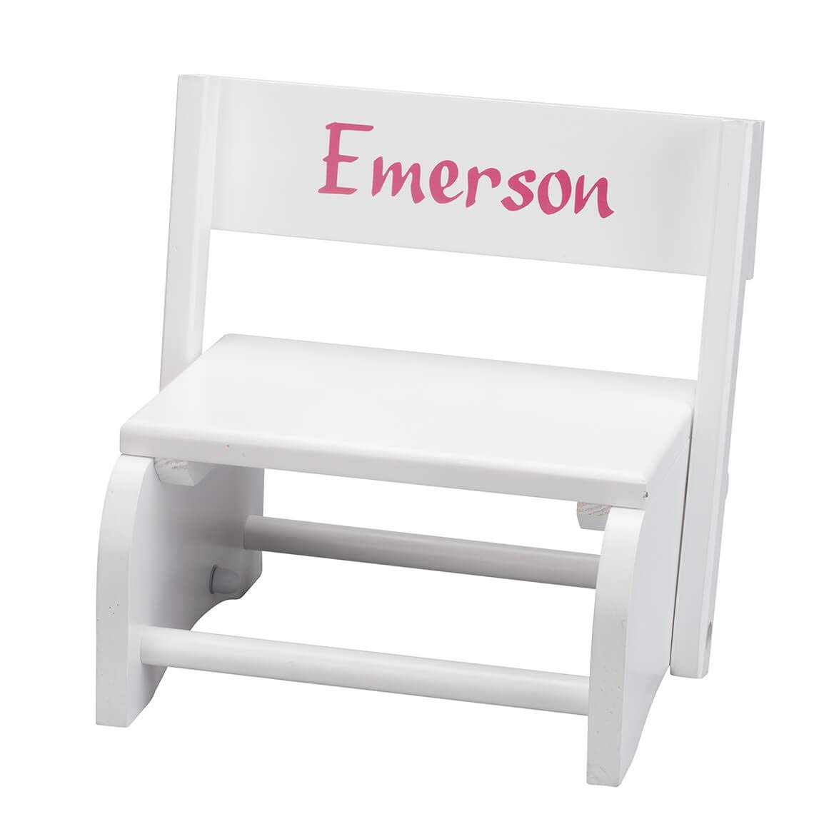 Miles Kimball Custom White Wooden 2-in-1 Chair and Stepstool, Pink Font