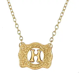 14K Gold Belt Buckle Necklace Western Style Initial Letter Pendant Necklace, Decorative Belt Buckle Frame Design