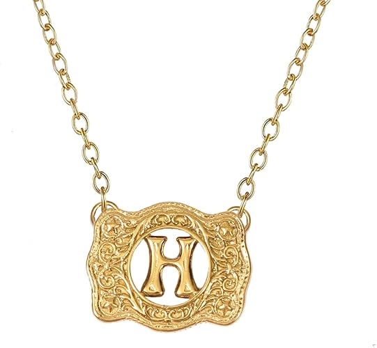 14K Gold Belt Buckle Necklace Western Style Initial Letter Pendant Necklace, Decorative Belt Buckle Frame Design