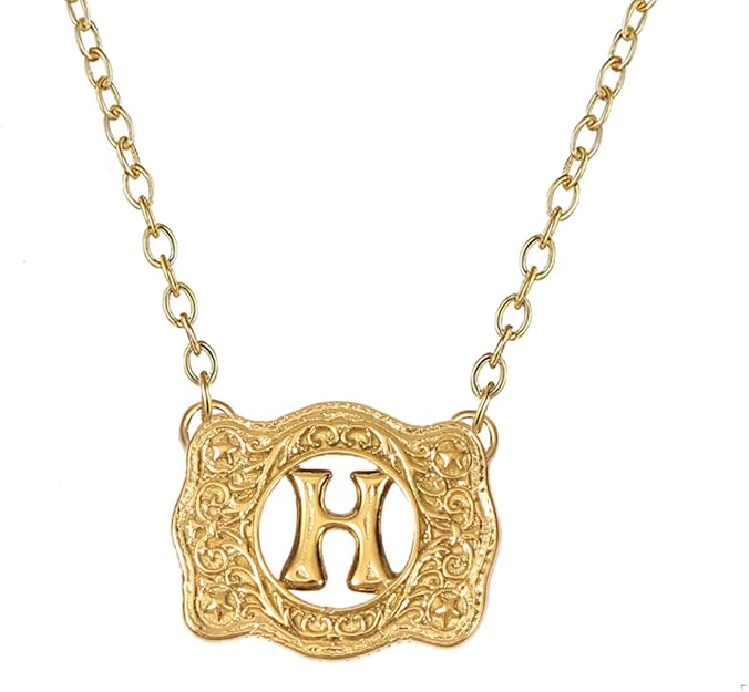 14K Gold Belt Buckle Necklace Western Style Initial Letter Pendant Necklace, Decorative Belt Buckle Frame Design