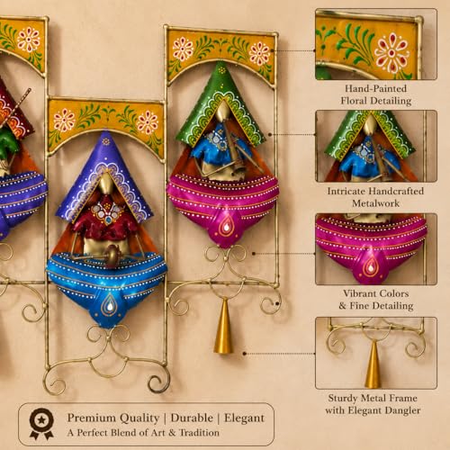 Image of iHandikart Handmade Metal Wall Art for Home Decor | 30 x 15 Inch Traditional Rajasthani Village Women Wall Sculpture | Multicolor Iron Wall Hanging Art for Living Room, Bedroom, Hallway & Office