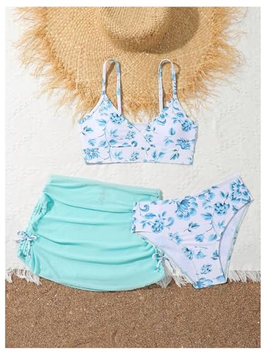 Image of COZYEASE Girls' 3 Piece Set Floral Print Bikini Swimsuit with Drawstring Beach Skirt Cute Ruched Bathing Suit