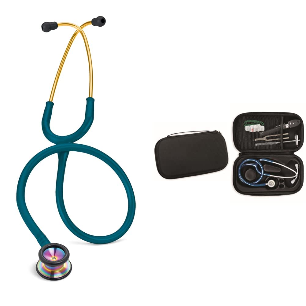 3M™ Littmann® Classic II Pediatric Stetofonendoscopio Blu Caraibi - Finiture Arcobaleno, 2153 & GIMA ASTUCCIO PORTA FONENDO - Colore Nero. Uso Professionale. Custodia rigida protettiva