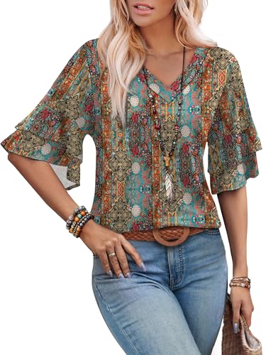 Image of OFEEFAN Spring Tops for Women Boho Shirts Fashion Clothing Cute 3 /4 Length Sleeve Blouses Dressy Casual Summer Outfits