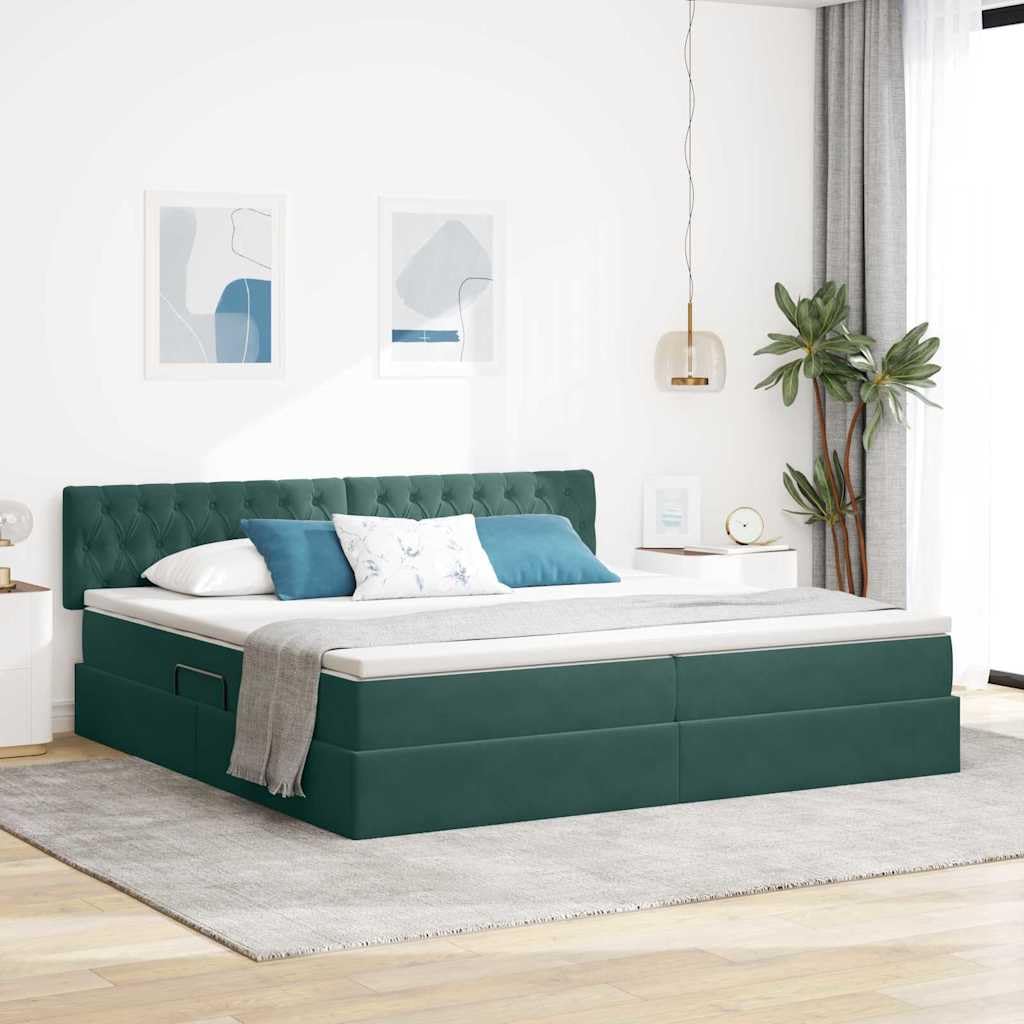 Estructura de cama con espacio de almacenamiento y LED verde oscuro, 200 x 200 cm, terciopelo, con somier y cabecero, mecanismo de elevación hidráulico, doble con tira LED RGB alimentada por
