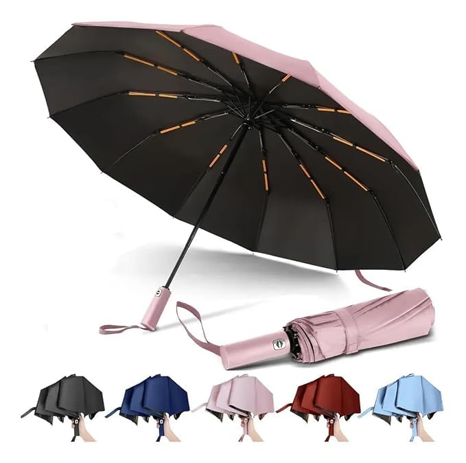 Image of Automatic Open Close Windproof Folding Travel Umbrella, Portable Compact Rain Umbrella for Men & Women Strongest Premium Auto Folding Umbrella for Rain and Sun