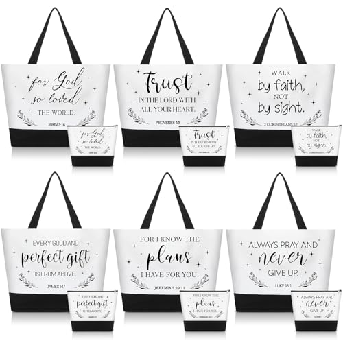 12 Pcs Housekeeping Week Gifts Christian Canvas Tote Bags with Religious Makeup Bags for Women Bulk Reusable Bible Verse Toiletry Pouch Birthday Travel Gift for Women