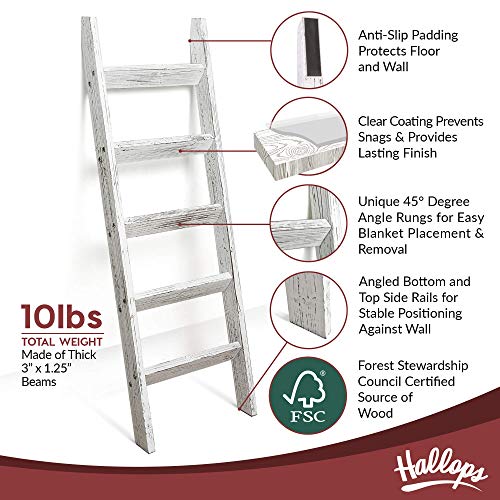 Hallops Blanket Ladder 5 ft. Premium Wood Rustic Decorative Quilt Ladder. White Vintage Wooden Decor. Throw Blankets Holder Rack (White on Brown)