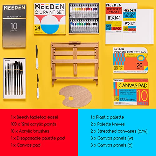 Meeden Oil Painting Kit, Painting Kits For Adults, 24X12Ml Oil Paint Set With Beech Wood Tabletop Easel, Paint Brush, Oil Painting Set, Canvas For Painting, Art Painting Supplies #TOP25