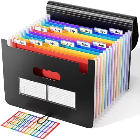 Expanding File Folder,Accordian File Organiser 12Pockets/Portable Desktop A4 Size Filling Box,Plastic Rainbow Expandable Bag, Accordion Bill Wallet Paper Document Receipt Organiser with Colored Labels Cover