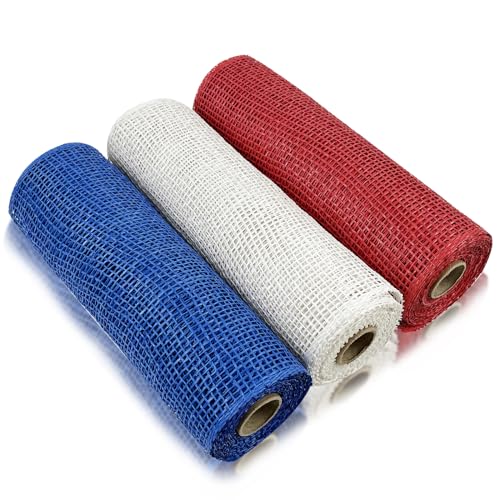 CIEOVO 3 Roll Poly Burlap Mesh Ribbon - Red White Blue - 10 Inch x 15 Feet - Independence Day Patriotic Decor