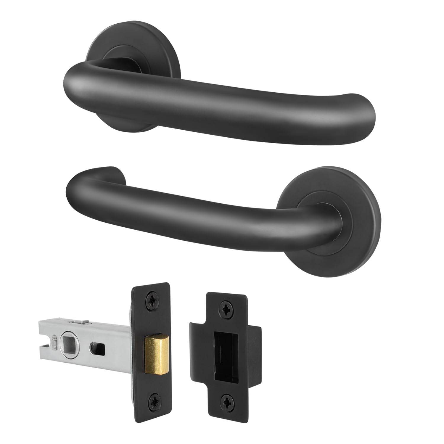 EAI Return to Door Lever on Rose Handles Latch 64mm Kit, Matt Black 19mm Diameter Handle, 52mm Rose, Stainless Steel Handles