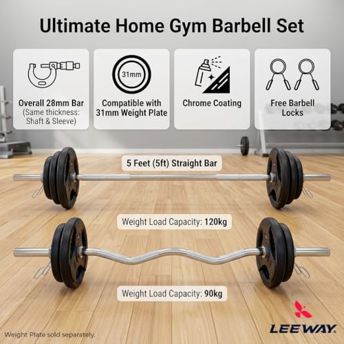 Image of LEEWAY Gym Barbell Rod 5ft Straight & 3Ft Curl Bar | Combo (5FT + 3FT)| 28mm Gym Weight Plates Barbell for Home Workout | Weight Lifting Biceps Rod for Exercise at Home| Compatible 1-Inch Plates Road