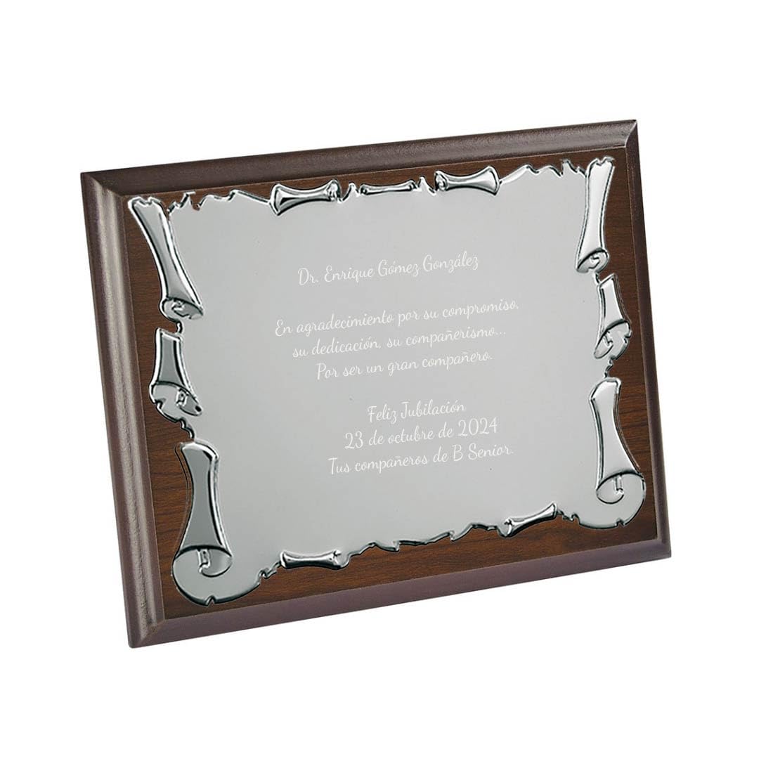CALLE DEL REGALO - Targhetta commemorativa personalizzata in custodia in legno di noce | Targhetta omaggio incisa per pensionamento, riconoscimento | Targa in metallo argentato su legno | 25 x 20 cm
