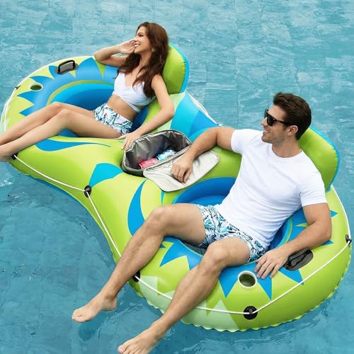 Image of Jasonwell Inflatable River Tube Float - 2 Person Heavy Duty River Float Pool Floats with Removable Cooler Lake Water Tubes for Floating River Raft Lounge Floatie with 2 Cup Holders for Adults (YG)