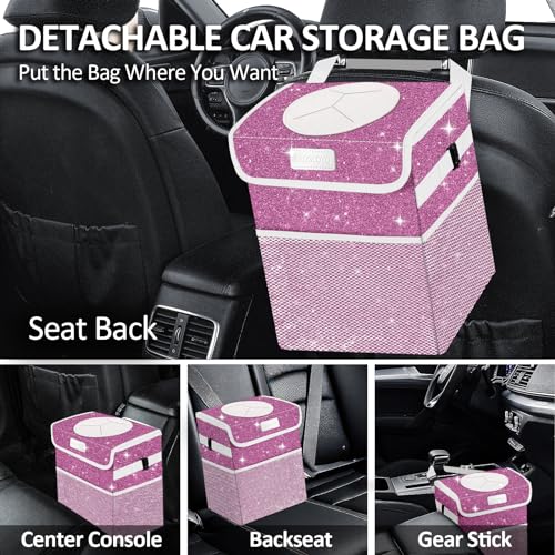 Image of Cute Mini Car Trash Bag with Lid, Glitter Garbage Can Bin Hanging for Back /Front Seat /Console, Waterproof, Leakproof, 2.5 Gallon, Purple Bling Sparkly