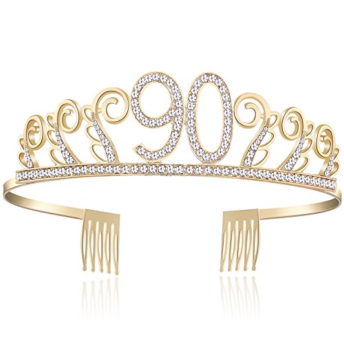 BABEYOND Crystal Birthday Tiara Rhinestone Princess Crown Happy Birthday Crowns Silver Diamante Happy 18/20/21/30/40/50/60/90th Birthday (Gold-90th)