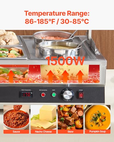 Image of VEVOR Electric Soup Warmer, Two 6.34QT Pots & Four 1 /2 Pans, Stainless Steel Commercial Food Warmer with 86~185F Adjustable Temp, 1500W Bain Marie with Cover, Soup Station for Restaurant, Buffet