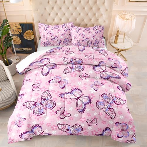 Edredon Cama 90 Mariposa Rosa Estampado Bedding Edredón Nórdico 230X260 Cm, Edredón De Fibra 200Gr/M²,Transpirable Colcha De Microfibra para Todas Las Estaciones